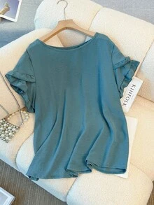 SHEIN Clasi 大码夏季休闲纯色荷叶边袖衬衫 - 青碧色 - 查看 3