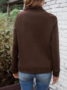 SHEIN LUNE 女式纯色纽扣设计插肩袖休闲羊毛运动衫，秋季 - 咖啡棕 - 查看 2