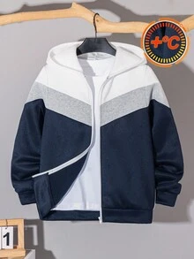 SHEIN Tween 男童休闲拼色连帽拉链长袖卫衣，适合通勤、上学、日常休闲、旅行、运动、春夏秋冬，抓绒，加厚 - 藍色 - 查看 1