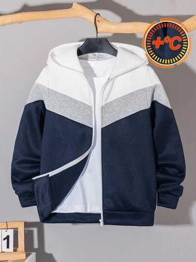 SHEIN Sudadera con capucha y cremallera de manga larga con bloques de color casual para niños preadolescentes, adecuada para ir y venir, la escuela, el uso diario casual, los viajes, los deportes, primavera/verano/otoño/invierno, forro polar, engrosada