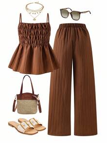 Sparklyn 2pcs/Set Teen GirlCasual Camisole Top And Wide Leg Pants Set, Woven Fabric, Elastic Waist, Summer