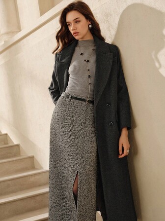 Anewsta Savoree Damgrå midilängd kavaj med skärp, lämplig för höst, vinter, utekväll, elegant, formell, fest, chic, nyår, damvinterkappa, jul, arbete, examen, bröllop