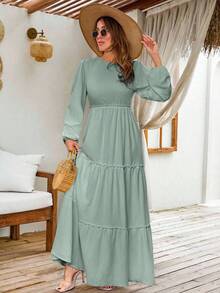 EURMUSE LANTERN LONG SLEEVE LAYERED LONG DRESS - Mist Green - View 5