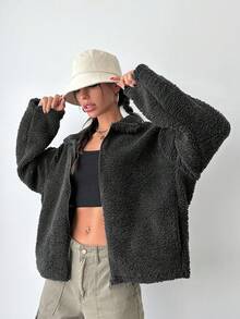 EURMUSE 女式纯色长袖羊毛拉链休闲常规夹克 - 深灰色 - 查看 3