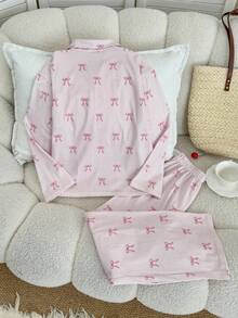 SHEIN 2 件套 Tween 女童可爱蝴蝶结装饰口袋领长袖上衣和宽松直筒睡裤套装，休闲睡衣