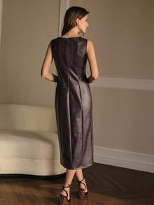 MOTF PREMIUM PU LEATHER SOLID SQUARE NECK SLEEVELESS MIDI DRESS , FALL WINTER - Burgundy - View 3