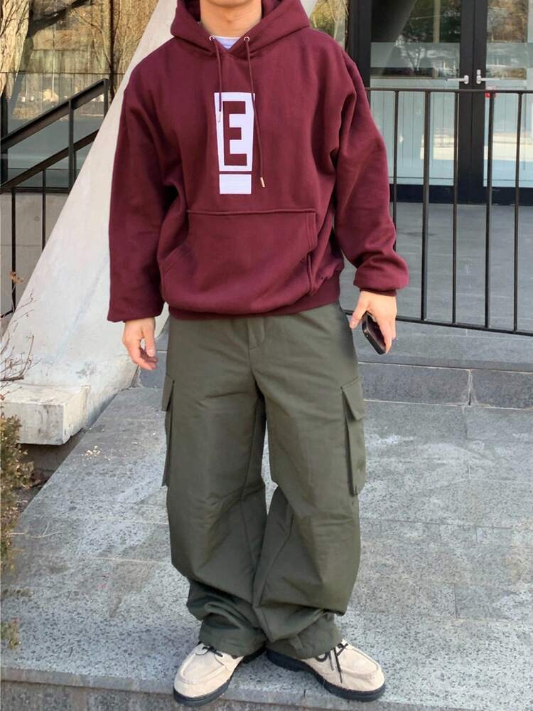 Men's Letter Print Thermal Lined Hoodie, Burgundy, Autumn/Winter