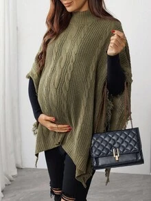 SHEIN Suéter holgado de maternidad con diseño de flecos, mangas de murciélago y cuello de tortuga con patrón de cable, otoño - Verde militar - Ver 5