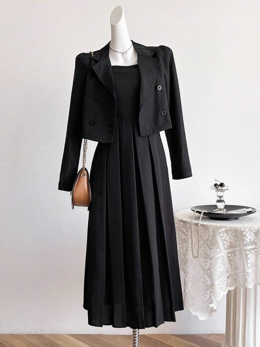 Sweetra Young 2pcs Black Blazer Jacket & Spaghetti Strap Dress Set, Elegant Fitted Fashion Outfit For Spring, Autumn, Winter Fall