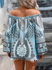 EMERY ROSE Camicia a maniche a lanterna con stampa integrale, casual e adatta alle vacanze primaverili/estive, con spalle scoperte