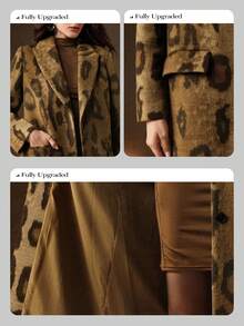 Anewsta Brown Animal Leopard Print Single-Breasted Notched Collar Long Sleeve H-Line Long Overcoat - Brown - View 4