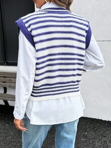 Women's Colorblock V-Neck Knit Cardigan Vest, Spring/Autumn - Blue - View 2