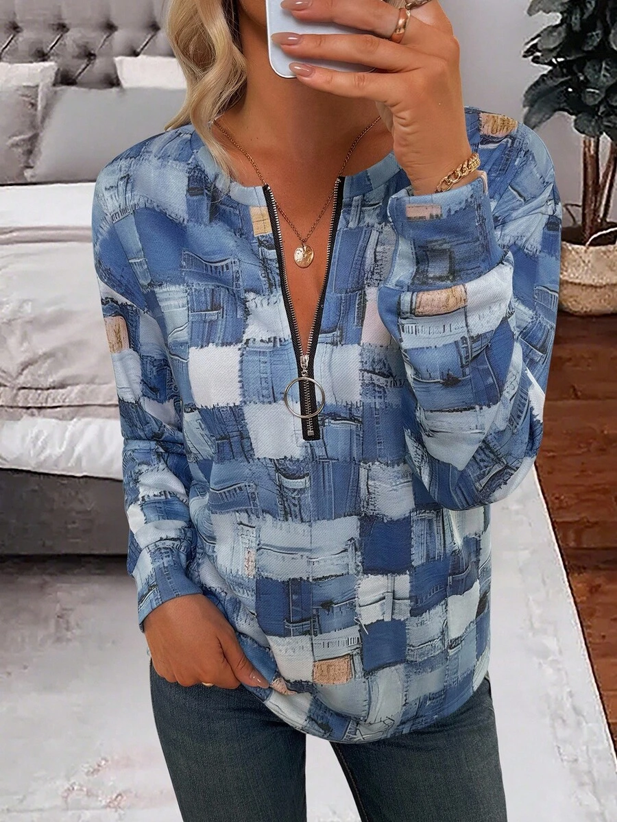 SHEIN Sudadera de mujer de manga larga con cuello redondo, media cremallera y patrón asimétrico, elegante y casual - Multicolor - Ver 1