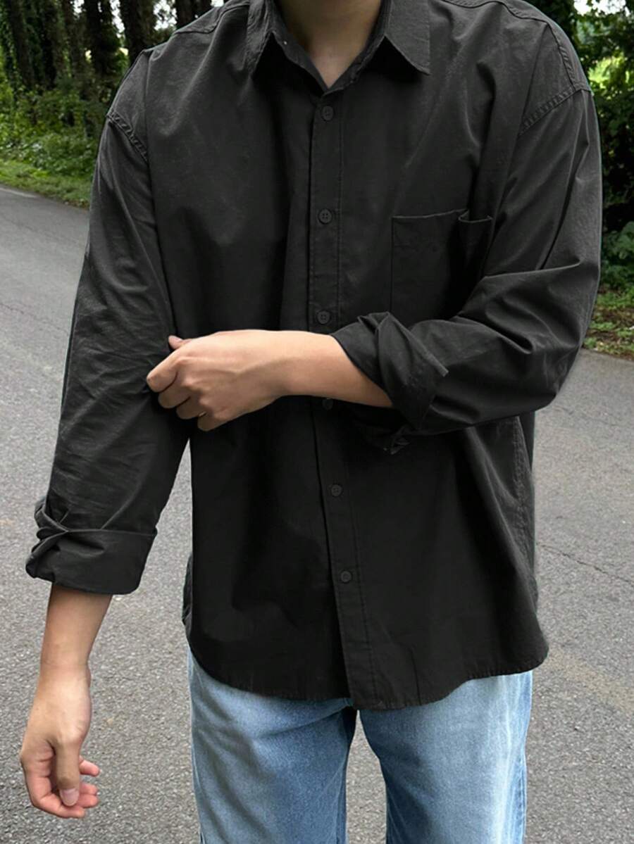 DAZY 男士基础款休闲纯黑色长袖衬衫上衣 - 黑色 - 查看 1