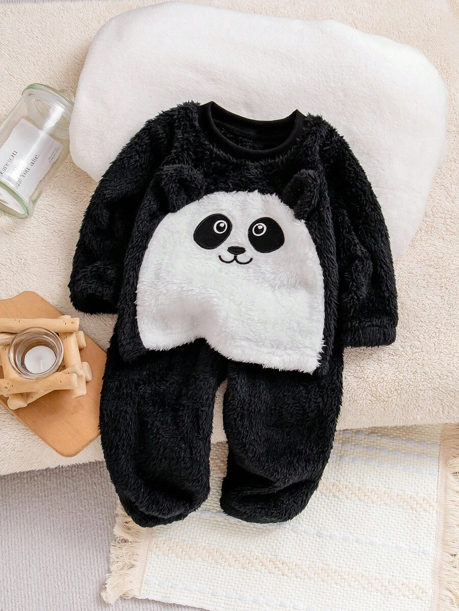 2pcs Young Boy Cute Panda Design Fleece Long Pants And Long Sleeve Pajama Set Fall Winter - Multicolor - View 1