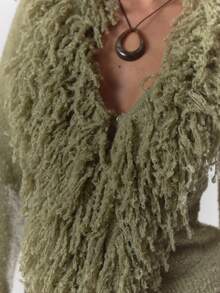 MUSERA Knit Shaggy Trim Fitted Cardigan Fall Autumn Cosy Fluffy Cute Casual Coffee Club Winter  Evening Party Elegant  Spring Sweater