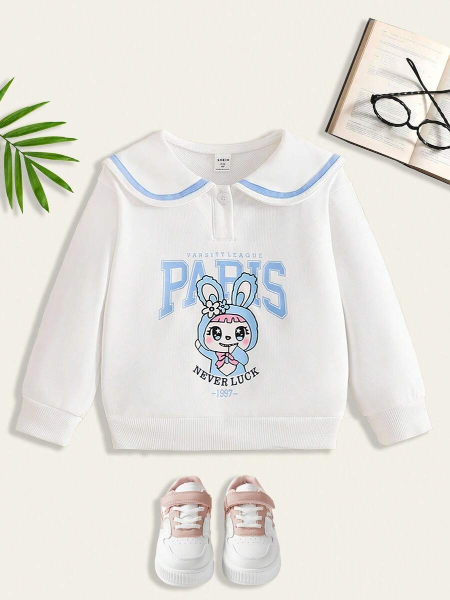 1pc Girls Cute Casual Collegiate Style Button Decor Peter Pan Collar Long Sleeve Rabbit Print Sweatshirt Fall Winter - White - View 1