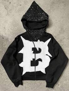 Manfinity Dauomo 男士宽松连帽衫，带有艺术字母刺绣和水钻装饰，秋季 - 彩色 - 查看 1