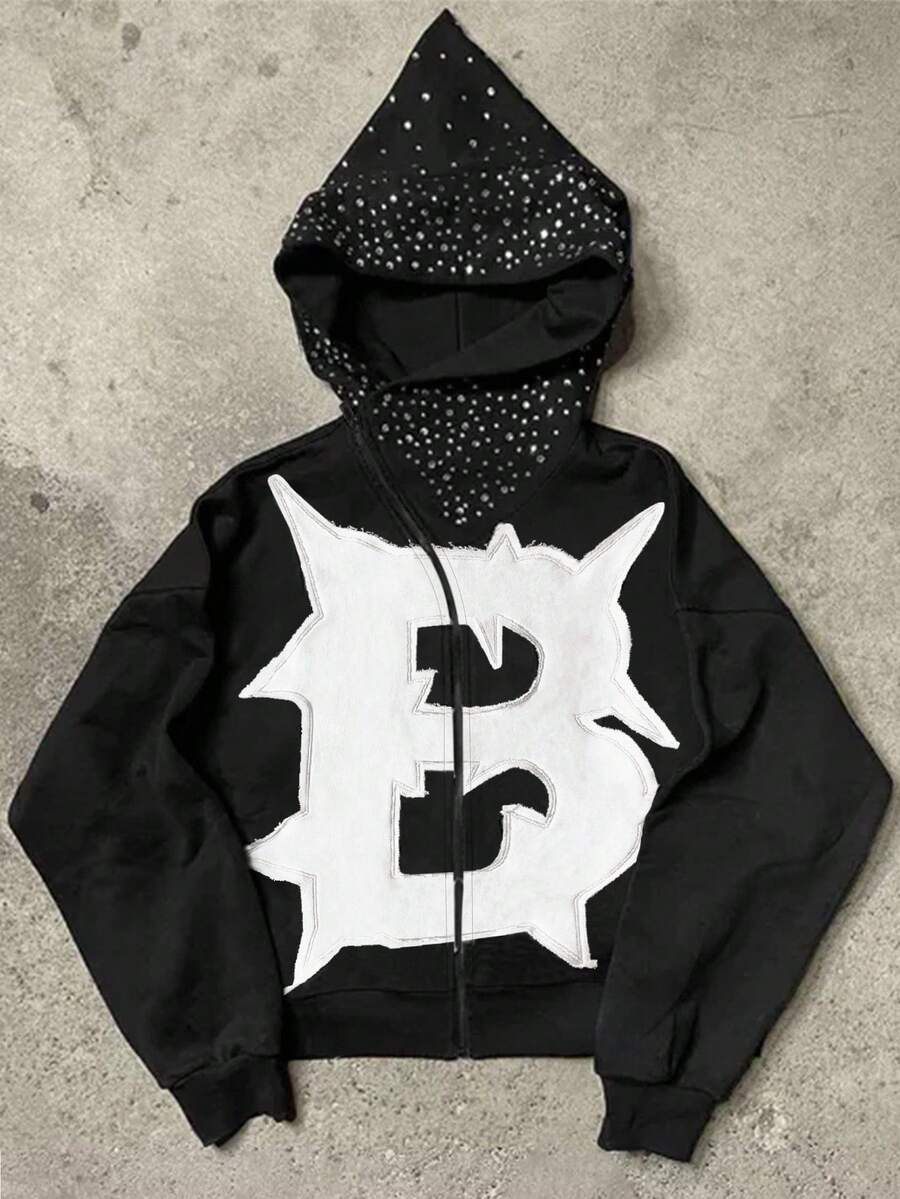 Manfinity Dauomo 男士宽松连帽衫，带有艺术字母刺绣和水钻装饰，秋季 - 彩色 - 查看 1