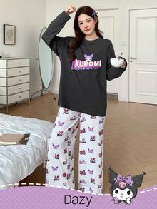 DAZY HELLO KITTY AND FRIENDS | SHEIN 女士卡通图案宽松上衣和裤子睡衣套装，秋季、秋冬季服装 - 深灰色 - 查看 6