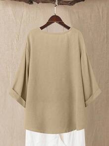 Linhara 大码女式花卉印花七分袖休闲衬衫，春夏季 - 薑色 - 查看 2
