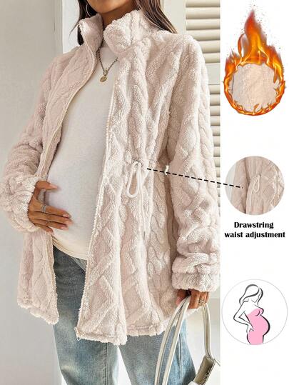 SHEIN 孕妇抽绳腰长袖拉链羊毛休闲常规夹克