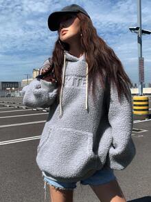 DAZY 女士宽松连帽加厚羊毛夹克，休闲高端外套，冬季女式大衣 - 藍色 - 查看 3