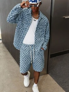 PAVTROS 男士格纹长袖夹克和抽绳腰短裤休闲牛仔套装，秋季 - 藍色 - 查看 8