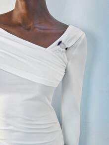 Maija White Asymmetric Ruched Front Rose Gold Metal Button Decor Long Sleeve Minimalist Elegant Blouse For Women White Top Women Long Sleeve White Top Fitted Tops Women Women Long Sleeve Tops White Tops Women,Fall Women Clothes,Halloween,Fall Clothes For Women