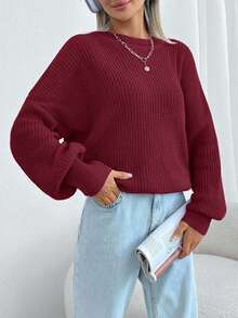 EURMUSE Women Solid Color Round Neck Drop Shoulder Chunky Pullover - Burgundy - View 3