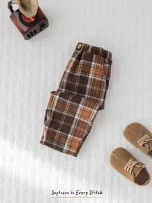 Cozy Pixies Pantaloni casual con vita elastica a quadri in tonalità terra per bambini maschi