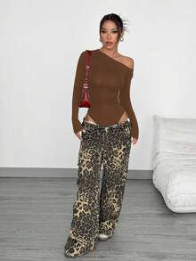 SHEIN EZwear 女士棕色紧身斜肩长袖连体衣 - 棕色 - 查看 3