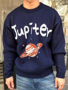 DAZY Men's Minimalist Loose Fit Planet & Text Print Long Sleeve Pullover Sweater - Navy Blue - View 3