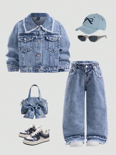 Young Girls Denim 2 Pieces Set, Casual Fuzzy Trim Denim Jacket Paired With Loose Flare Jeans, Streetwear Style In Light Blue Denim, Comfortable Fit, Perfect For Holidays, Outdoor Parties, Spring/Autumn Fall Winter