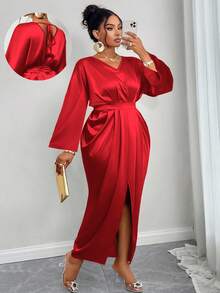 SOLERSUN Christmas Plus Size Spring And Autumn New Style Bright Surface Fabric V-Neck Pleated Waist Long Sleeve Slit Tie Bow Long Dress Elegant Office Birthday Party Ball Sexy Playful Cocktail Wedding Season Concert Dress Fashion Women's Clothing