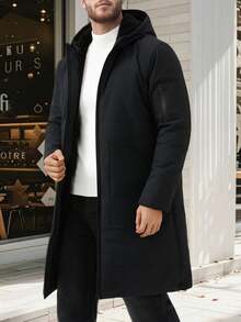 Manfinity Homme Men's Solid Color Minimalist Casual Hooded Long Sleeve Thermal Lined Winter Coat , Fall - Black - View 2