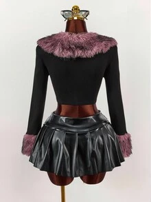 Amplova Y2K Amplova Women's Fashion Black Color Fur Collar Splicing Block Faux Fur Patchwork Short Jacket Black Jacket Women Goth Women Clothes Black Crop Jacket Autumn Winter Clothes For Women