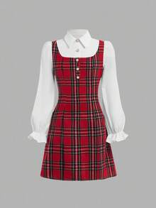 SHEIN Tween Girls' Vintage French Plaid Ruffle Trim Fitted Christmas Red Dress, Suitable For Christmas, Parties, Casual Wear, Autumn/Winter Fall - Red - View 2