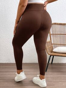 Plussiva 纯色可调节腰围孕妇紧身裤 - 棕色 - 查看 2