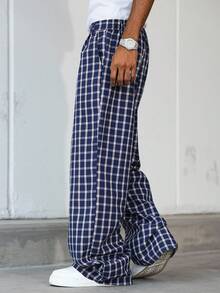ROMWE MEN Prep Men's Fashionable Casual Plaid Pants, Loose Wide-Leg Trousers, Suitable For Street Wear, Fall