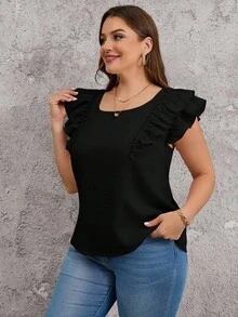 SHEIN Clasi 加大码女式夏季方领双层荷叶袖后背蝴蝶结装饰上衣 - 黑色 - 查看 4