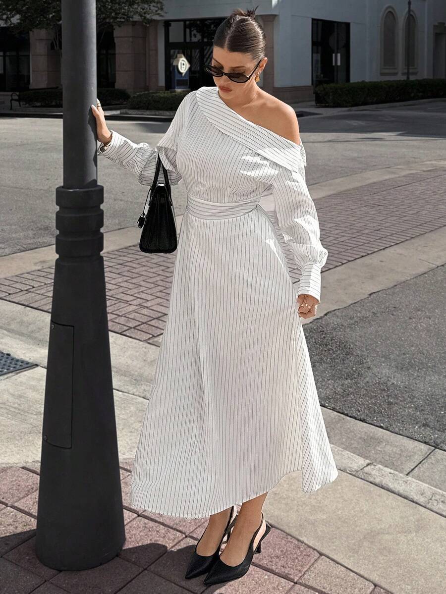 Siren Gaze Women's Autumn Fall Clothes For Women 2025 New Elegant Old Money Style Off-Shoulder White Striped Print Asymmetric Shirt Dress, Casual Luxury Long A-Line Dress With Waistband For Party, Wedding, Work, Commute, Daily Outings, Halloween, Christmas, New Year Bride Formal Elegant White Dress Wedding Guest White Striped Midi Dress Casual Midi Dress White Long Dress One Shoulder Long Sleeve Dress Winter Chic