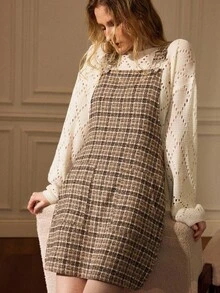 Écloséra Women's Simple Casual Brown Dress Plaid Double Pocket Wide Shoulder Strap Suspender Skirt Women's Autumn Dress For Going Out Female Country Style