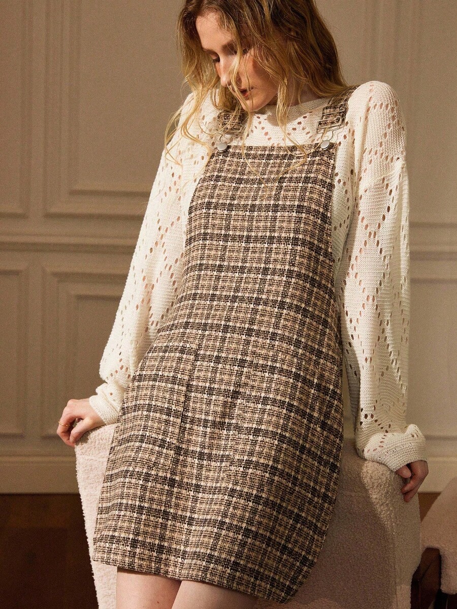 Écloséra Women's Simple Casual Brown Dress Plaid Double Pocket Wide Shoulder Strap Suspender Skirt Women's Autumn Dress For Going Out Female Country Style - Khaki - View 1