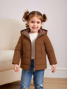 SHEIN Playful Pals 1 件女婴冬季新款 2025 缝线加厚棕色前口袋拉链连帽长款外套，百搭时尚