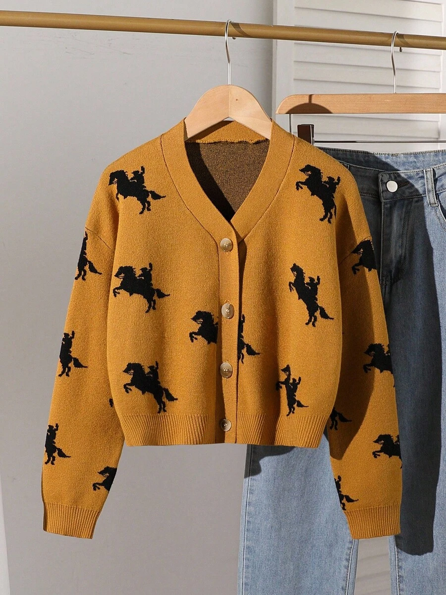 Áo len cardigan dài tay họa tiết ngựa kaki dành cho bé gái tuổi teen, phù hợp cho mùa xuân, mùa thu và mùa đông - Màu Khaki - Xem 1