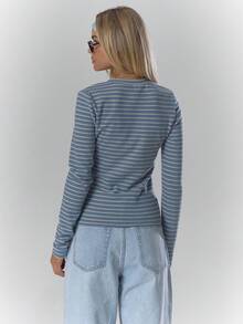 MUSERA Top de manga larga ajustado con bordado a rayas, acogedor, lindo, casual, elegante para otoño, primavera, verano y días festivos como Pascua - Multicolor - Ver 2
