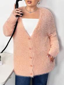 Truni Plus Size Women Pink Knitted Cardigan, Long Sleeve Long Style Knit Sweater Jacket In Fall/Winter, For Pear & Triangle Body Shape - Pink - View 5