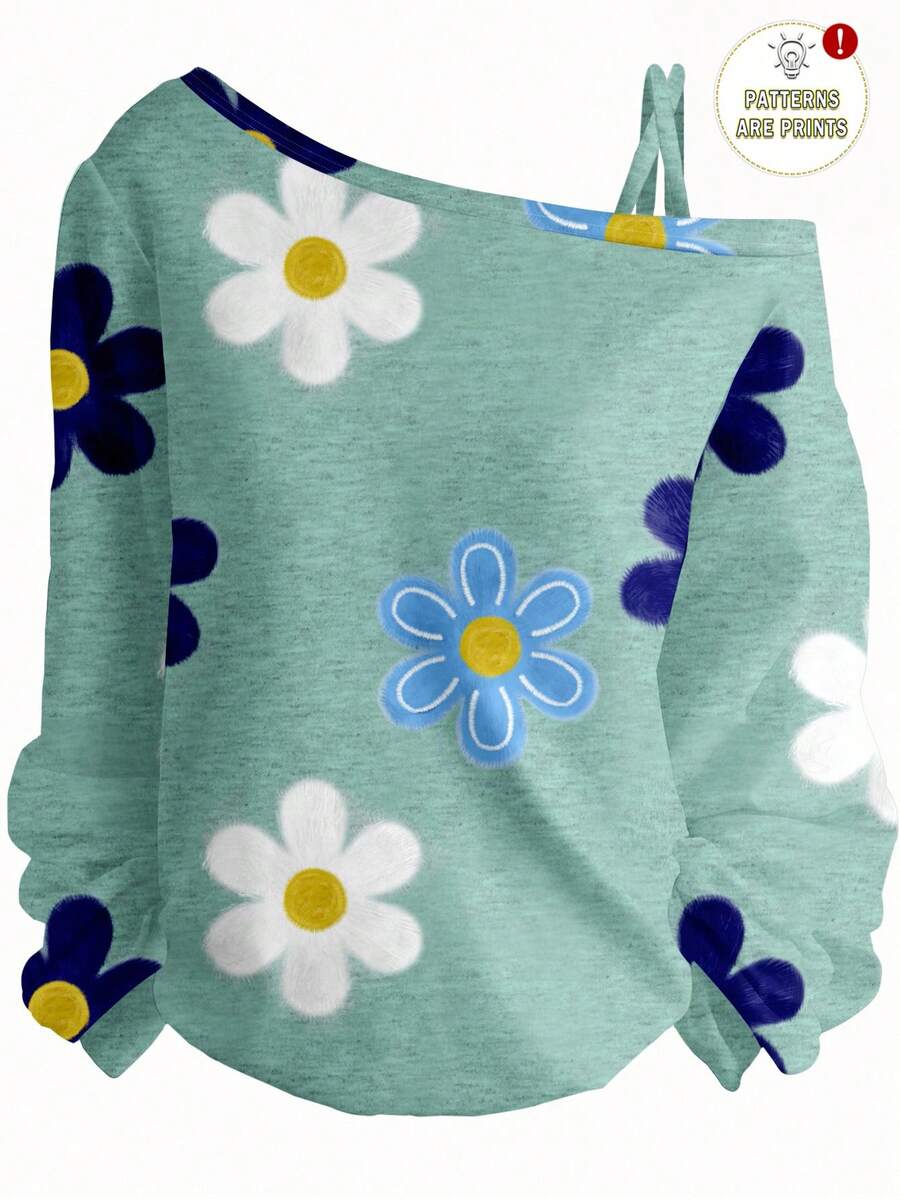 SHEIN LUNE 1 Stück Damen Lässig Retro Blume Muster Langarm T-Shirt, geeignet für Herbst/Winter