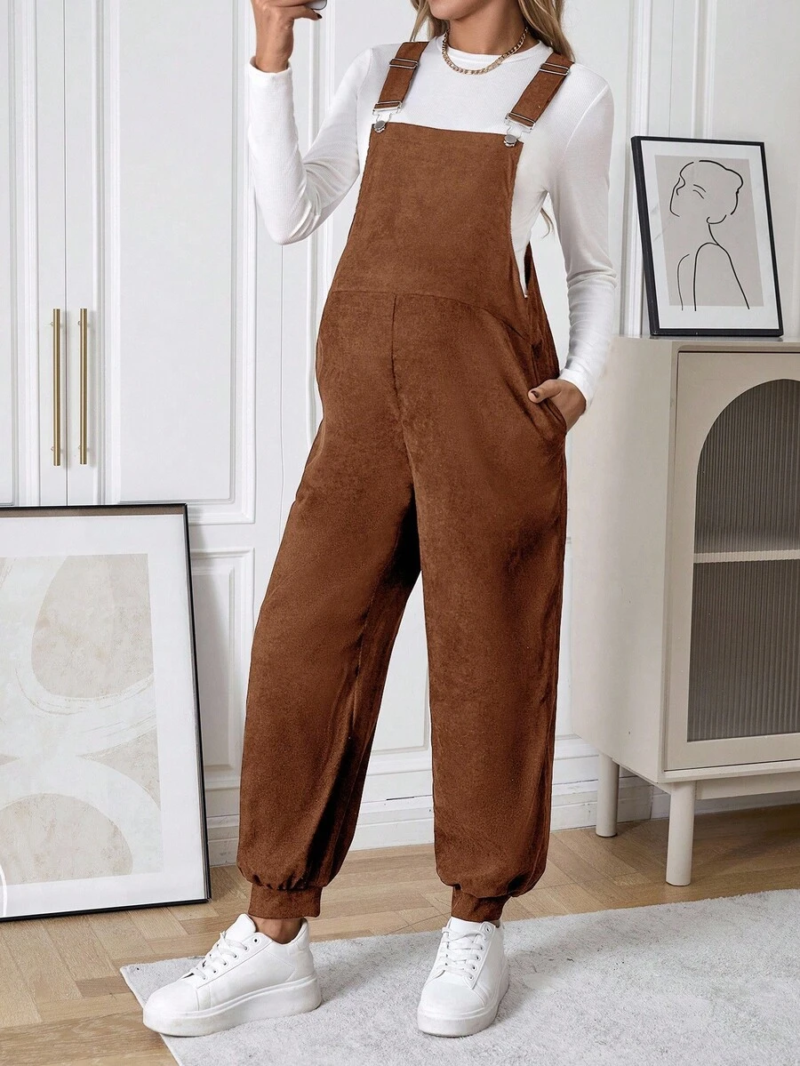SHEIN Maternity Solid Color Pocket Casual Harem Jumpsuit - Burnt Orange - View 1